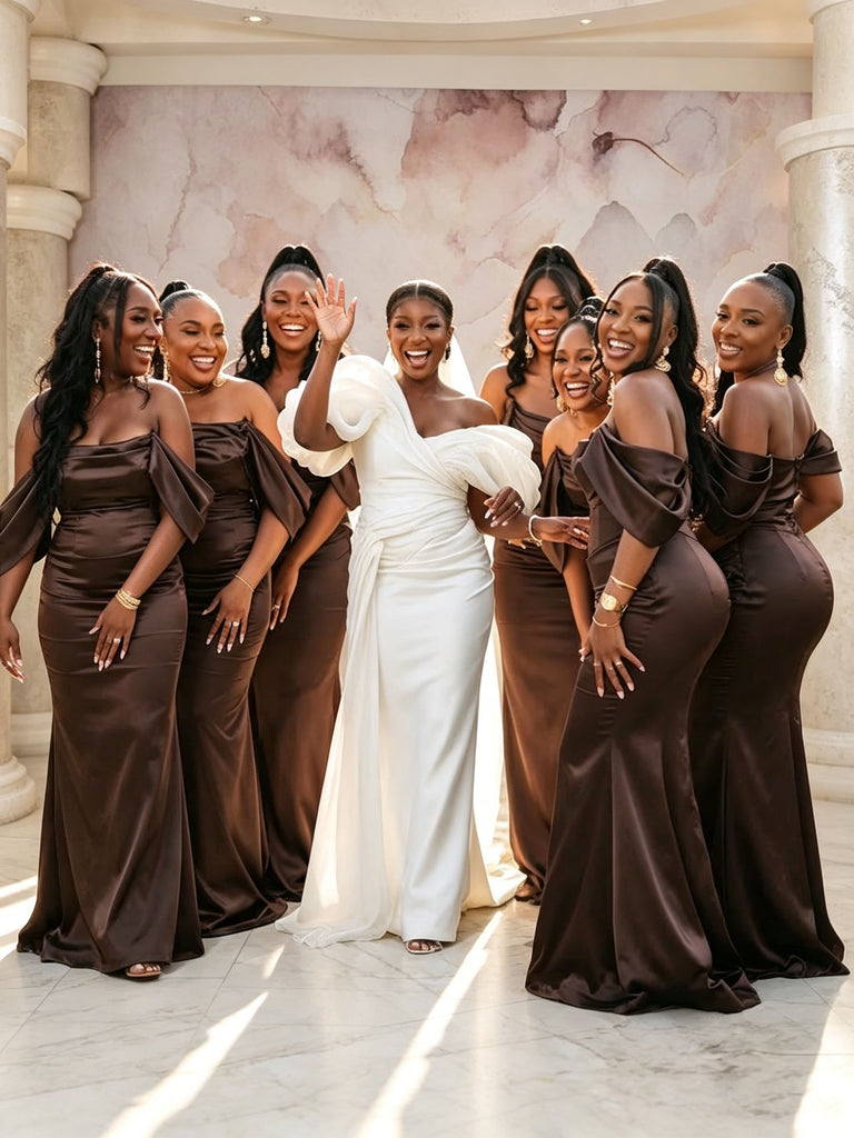 Elegant Off the Shoulder Mermaid Brown Long Bridesmaid Dreses Online, BG315