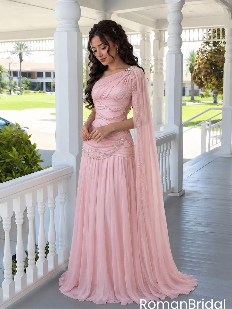 Modern Pink One Shoulder Beaded Cape Gown Classy Pleated Prom Dress,OLP2393