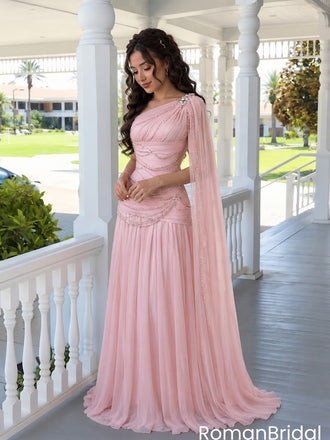 Modern Pink One Shoulder Beaded Cape Gown Classy Pleated Prom Dress,OLP2393