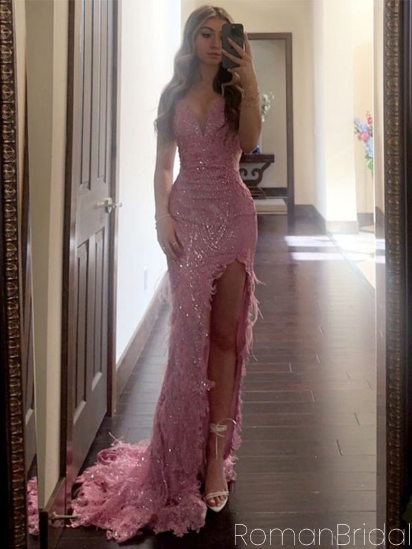 Elegant V-neck Sleeveless Mermaid Satin Evening Prom Dresses Online, OLP889