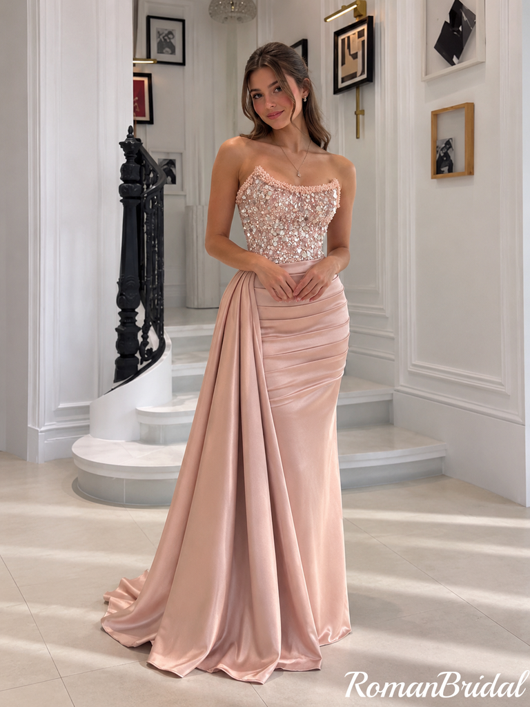 Classy Blush Pink Strapless Beaded Satin Mermaid Prom Dress,OLP2504