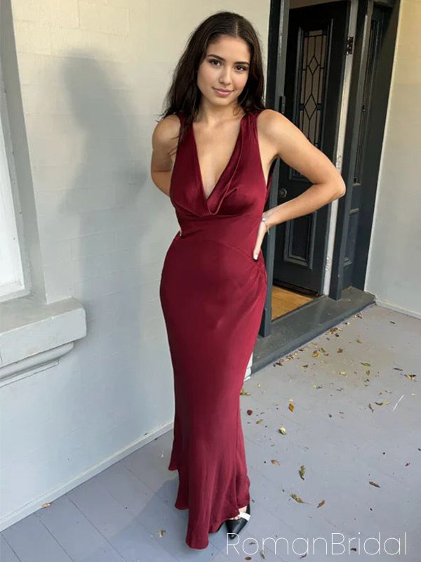 Sexy V-neck Sleeveless Mermaid Satin Evening Prom Dresses Online, OLP1083