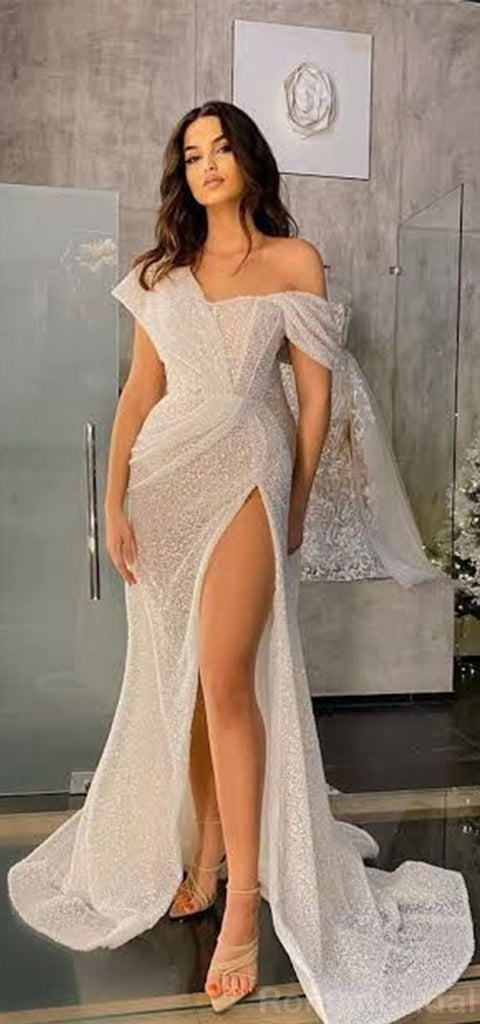 Sparkly One Shoulder Off the Shoulder Long Sleeve Mermaid Side Slit Long Evening Prom Dress, OL173