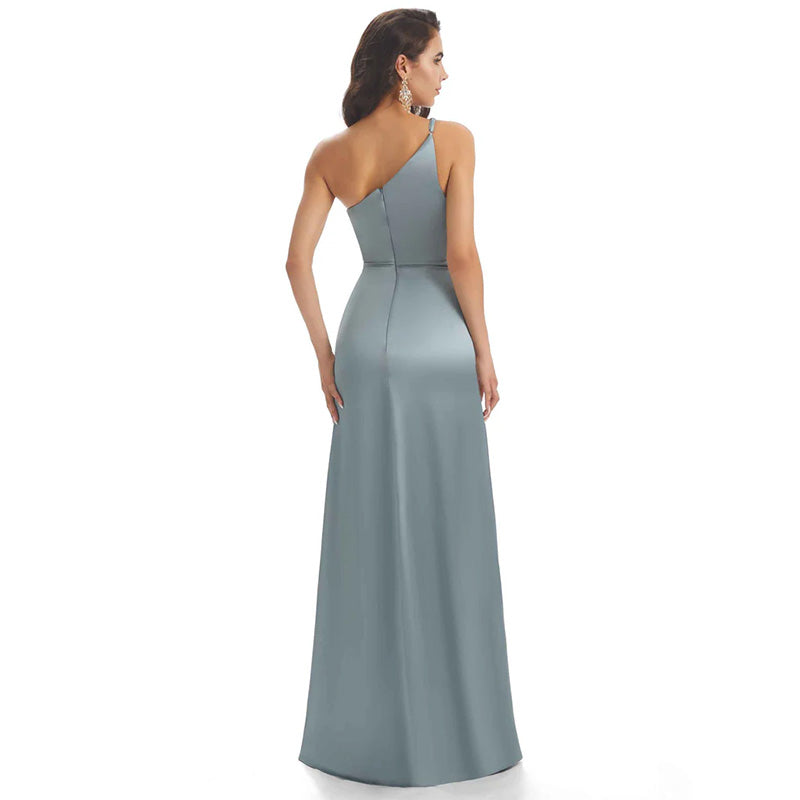 Sexy Soft Satin One Shoulder Side Slit Mermaid Long Bridesmaid Dresses Online, BG768