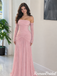 Dusty Rose Long-Sleeve Strapless Ruched Mesh Prom Dress,OLP247