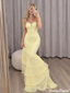 Stunning Yellow Strapless Tiered Trumpet Long Prom Dress Lace Ruffled Chic,OLP2431