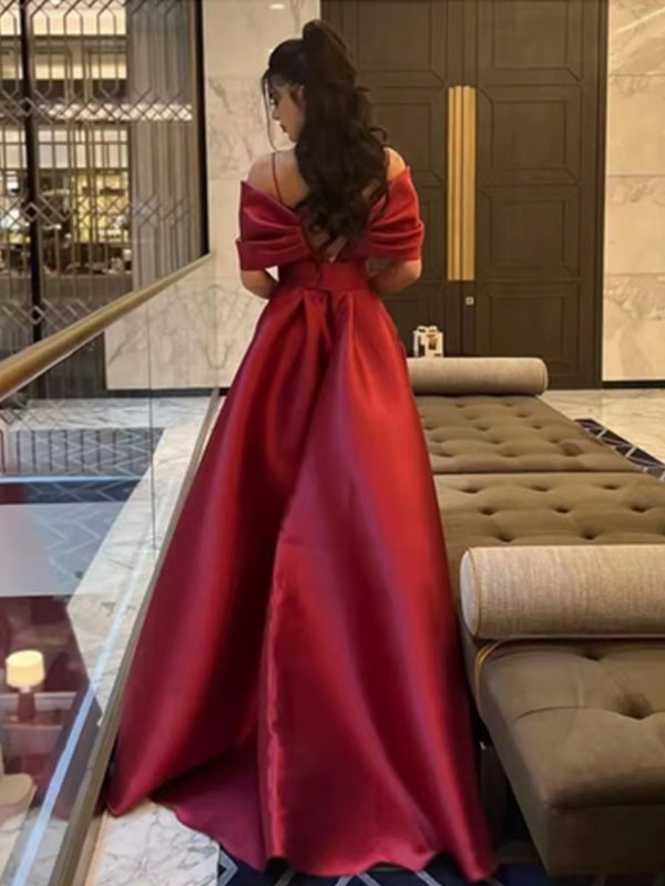 Formal Off-shoulder Sleeveless Mermaid Satin Red Long Prom Dresses Online, OLP617