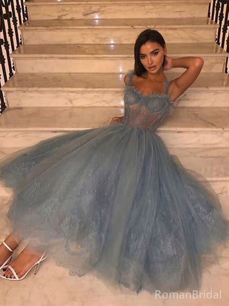 Formal Spaghetti Strap Sleeveless A-line Tulle Long Prom Dresses Online, OL552