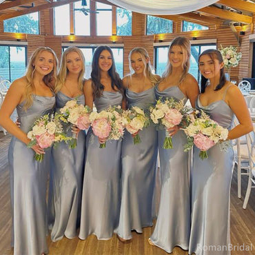Simple Spaghetti Strap Sleeveless Mermaid Satin Bridesmaid Dresses Online, BG828