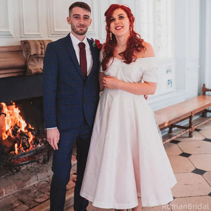 Elegant Off-shoulder A-line White Short Wedding Dresses, WD0315