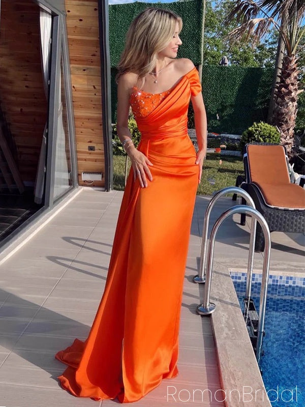 Soft One-shoulder Sleeveless Mermaid Satin Long Evening Prom Dresses Online, OLP744