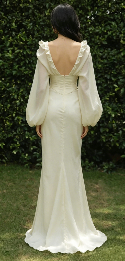 Unique Floral White V-Neck Long Sleeve Long Prom Dress Ideas, Evening Party Dresses, OLP1460