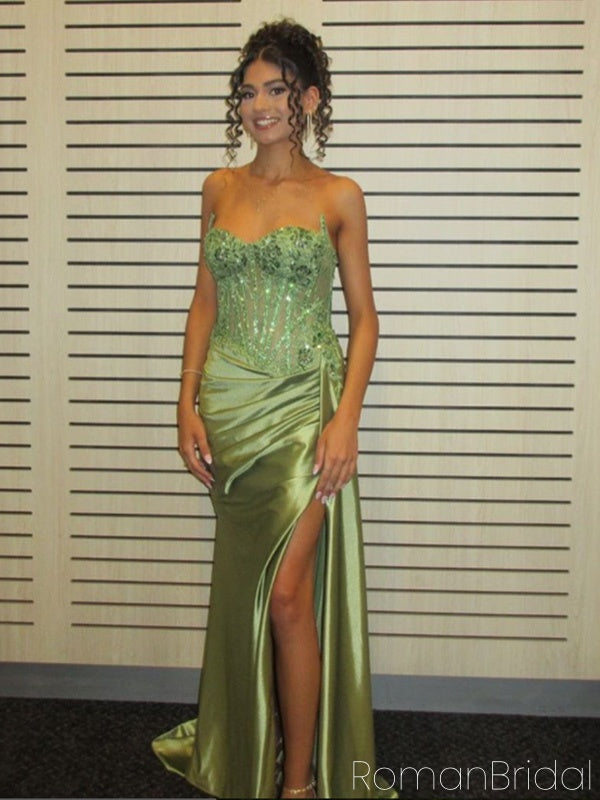 Elegant Sweetheart Sleeveless Mermaid Satin Long Evening Prom Dresses Online, OLP668