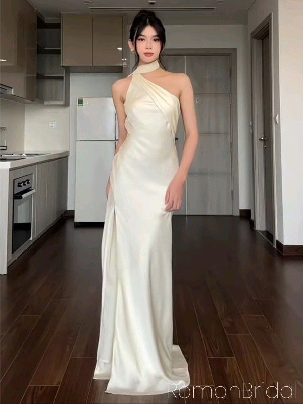 Soft One-shoulder Sleeveless Mermaid Satin Long Evening Prom Dresses Online, OLP732