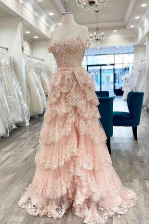 Elegant Pink Off-Shoulder Sleeveless A-Line Side Slit Long Prom Dress Ideas, Evening Party Dresses ,OLP1182