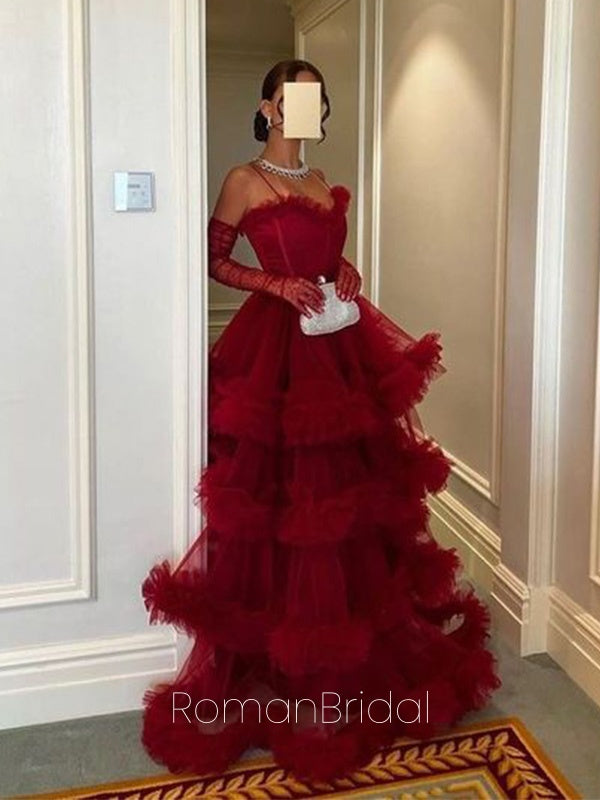 Formal Off-shoulder Sleeveless A-line Tulle Red Long Prom Dresses Online, OLP616