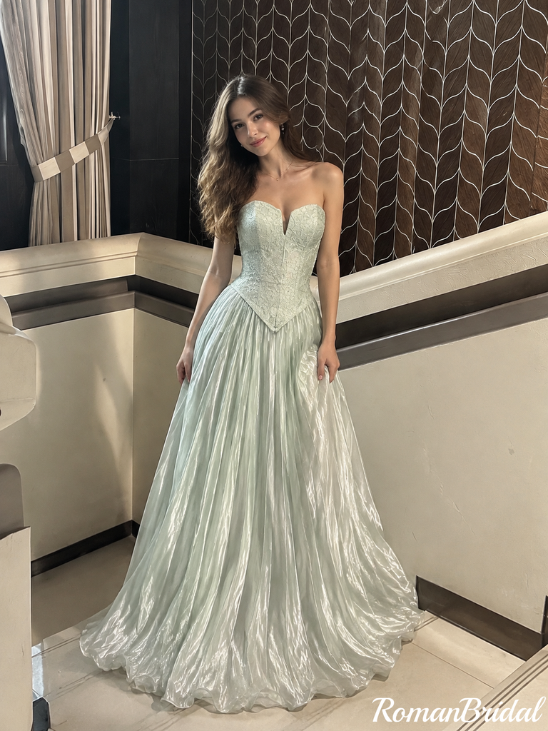 Unique Mint Green Strapless Lace Corset Shimmer Prom Dress,OLP2449