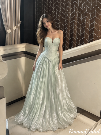 Unique Mint Green Strapless Lace Corset Shimmer Prom Dress,OLP2449
