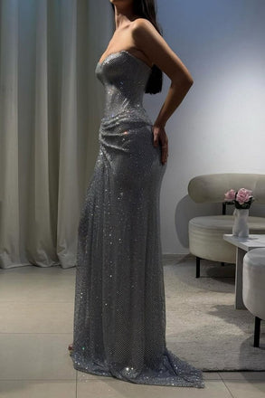 Shiny Silver Sweetheart Mermaid Side Slit Long Prom Dress Ideas, Evening Party Dresses ,OLP1172