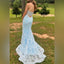 Elegant Blue Sweetheart Mermaid Lace Side Slit Long Prom Dress Ideas, Evening Party Dresses ,OLP1159