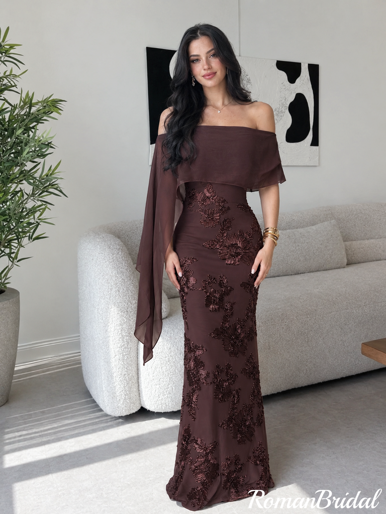 Fancy Brown Off Shoulder Sheer Sleeve Floral Embroidered Prom Dress,OLP251