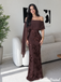 Fancy Brown Off Shoulder Sheer Sleeve Floral Embroidered Prom Dress,OLP251