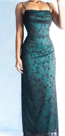 Elegant Spaghetti Straps Mermaid Green Black Tulle Applique Long Evening Prom Dress Online, OL047