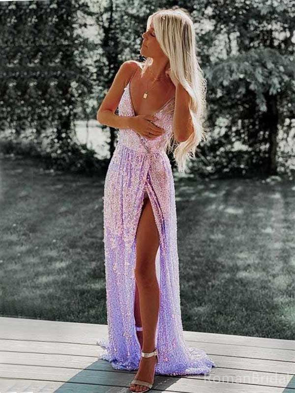 Sexy V-neck Sleeveless Mermaid Sequin Long Prom Dresses With Slit Online, OL468