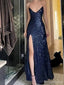 Shiny Spaghetti Strap V-neck Sleeveless Mermaid Sequin Prom Dresses With Slit Online, OL560