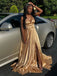 Sexy Spaghetti Strap Sleeveless A-line Satin Long Prom Dresses Online, OLP596