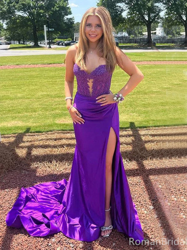 Sexy Sweetheart Sleeveless Mermaid Satin Long Prom Dresses With Trailing For Party Online, OL444