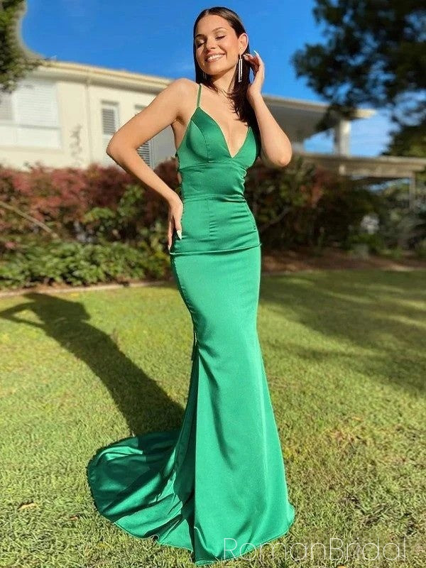 Sexy Spaghetti Strap Sleeveless Mermaid Satin Evening Prom Dresses Online, OLP1079