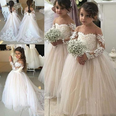 Cute Pink Long-Sleeve Sweetheart A-Line Flower Girl Dress， FGS0034