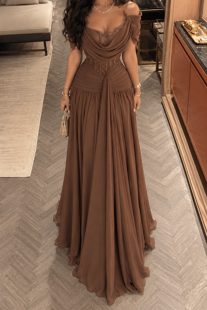 Rich Chocolate Brown Draped Cowl Neck Corset A-Line Chiffon Prom Dress,OLP2419