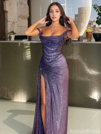 Sexy Purple Off-Shoulder Mermaid Side Slit Long Prom Dress Ideas, Evening Party Dresses ,OLP1174