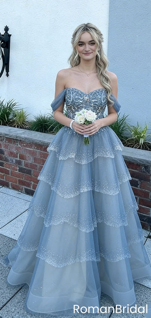 Classy Blue Off-the-Shoulder Prom Dress Glitter Tulle Tiered Ball Gown Skirt,OLP1859
