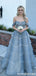 Classy Blue Off-the-Shoulder Prom Dress Glitter Tulle Tiered Ball Gown Skirt,OLP1859