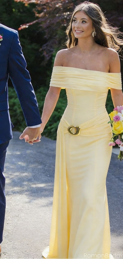 Classy Yellow Off Shoulder Prom Dress Mermaid Long Satin Formal Event Gown,OLP1837