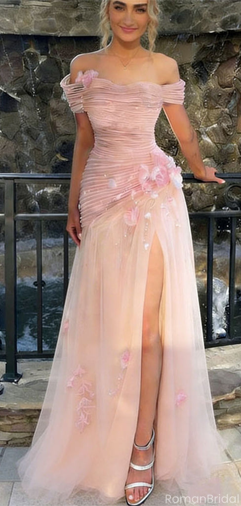Unique Off-Shoulder Ruched Tulle Prom Dress with Floral Appliques,OLP1808