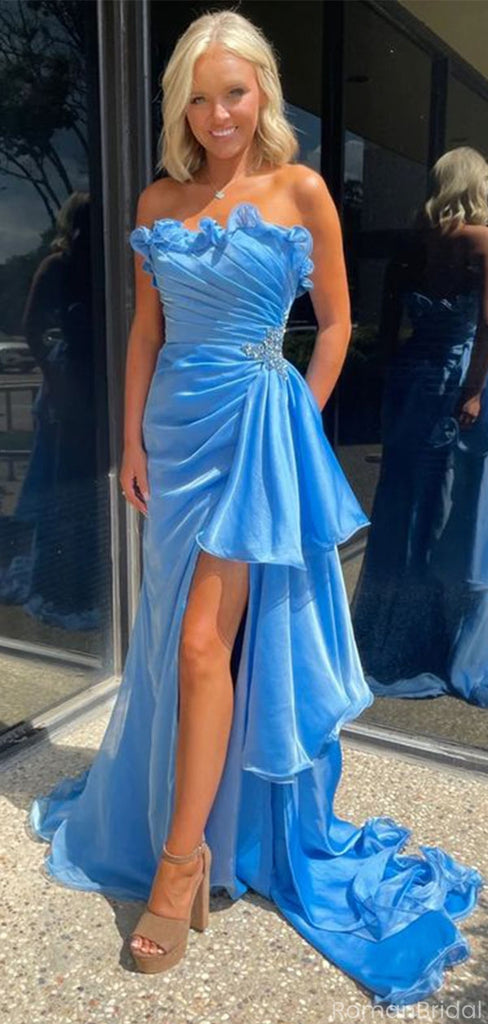 Elegant Blue Floral Mermaid Side Slit Long Prom Dress Ideas, Evening Party Dresses, OLP1547