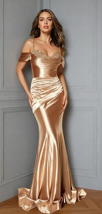 Sexy Gold Spaghetti Strap Sleeveless Mermaid Long Prom Dress Ideas, Evening Party Dresses ,OLP1177