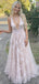 Sexy Deep V-Neck Floral Lace A-Line Prom Gown in Pink Tulle Backless Style,OLP1884