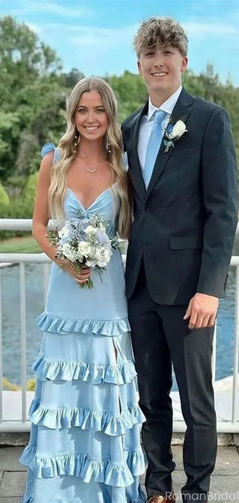 Pretty Ruffled Tiered Light Blue Prom Dress V-Neck Sleeveless Party Gown,OLP1818