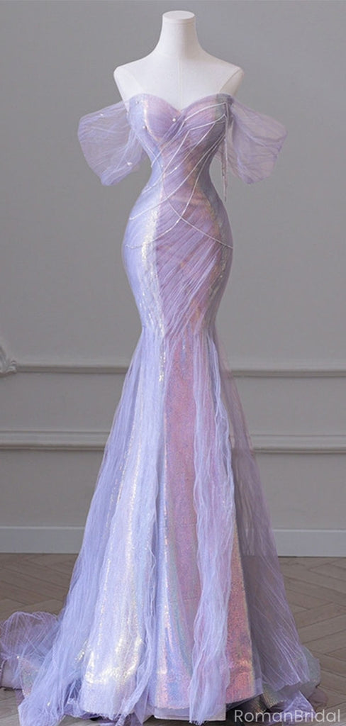 Sparkly Purple Off-Shoulder Mermaid Long Prom Dress Ideas, Evening Party Dresses, OLP1537