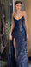 Shiny Blue Spaghetti Strap Mermaid Side Slit Long Prom Dress Ideas, Evening Party Dresses , OLP1219