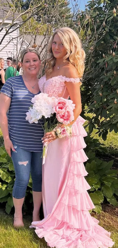 Elegant Floral Pink Off Shoulder Mermaid Long Prom Dress Ideas, Evening Party Dresses, OLP1685