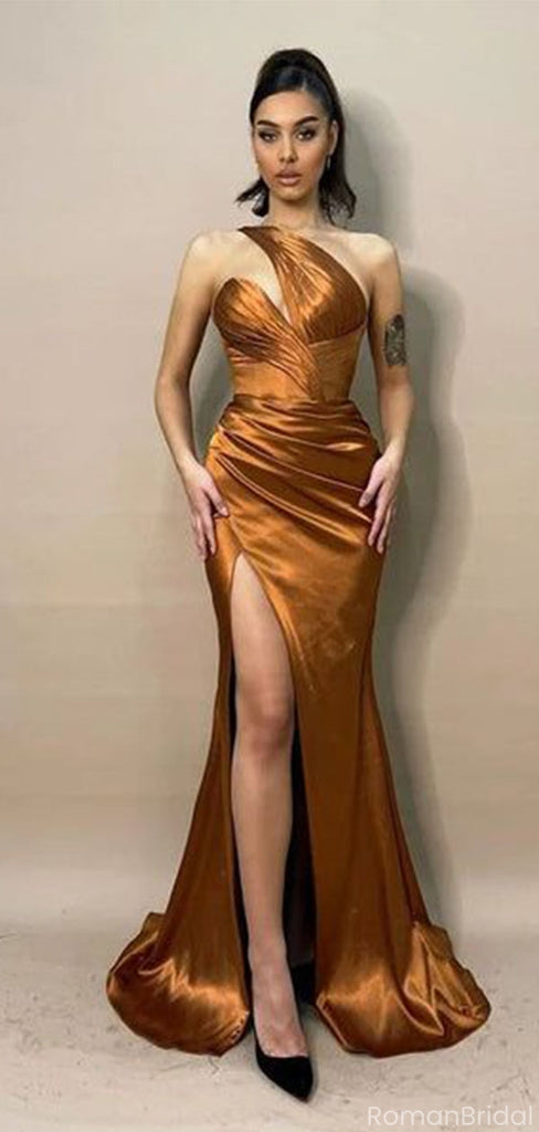 Elegant Gold One-Shoulder Mermaid Side Slit Long Prom Dress Ideas, Evening Party Dresses, OLP1584