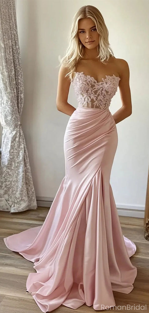 Sexy Blush Pink Satin Mermaid Prom Dress Strapless Ruched Party Gown,OLP1787