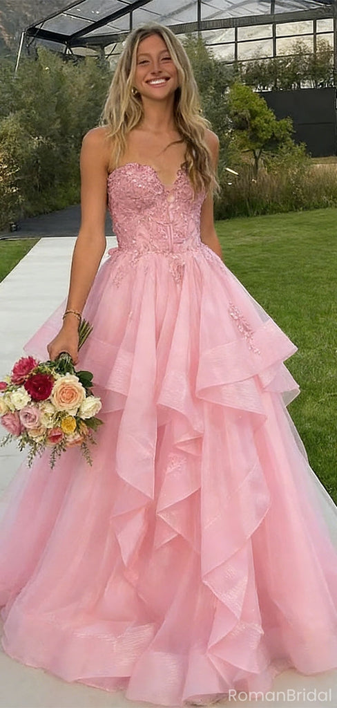 Unique Pink Tiered Tulle Ball Gown Strapless Applique Formal Prom Dress,OLP1802