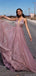 Sparkle Dusty Pink Deep V-Neck Backless Long A-line Evening Prom Dresses,OLP1726